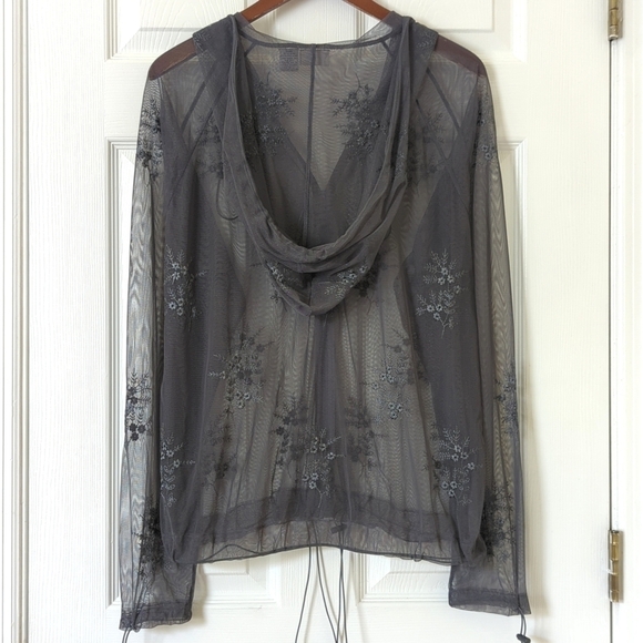 Newport News Y2K Vintage Sheer Floral Embroidered Mesh Zip Up Hoodie Gray Large - Picture 10 of 12